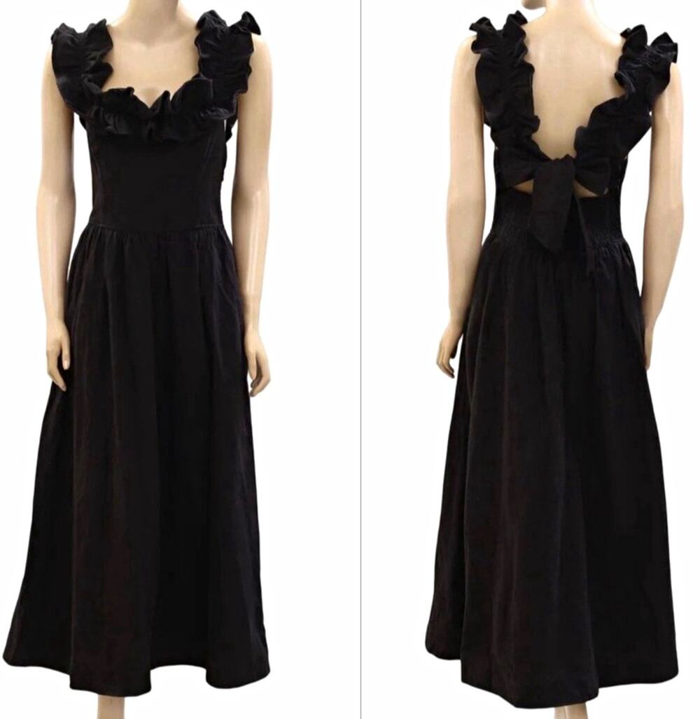 Free People $108 Ruffle It Up Black Midi Dress On or Off Shoulder Back Bow M